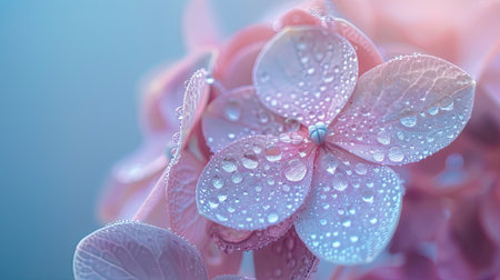Single pastel hydrangea flower with dewdrops on its petals, capturing the freshness of early morningの素材