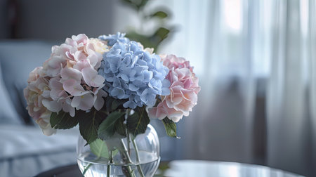 Soft pastel hydrangea bouquet in a chic glass vase, set against a stylish home interior backdropの素材