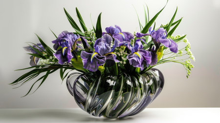 Sculptural glass vase with an artistic design, filled with an elegant arrangement of purple irises and soft greeneryの素材