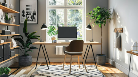 Stylish home office with a clean desk, ergonomic chair, and contemporary decor, creating an efficient and comfortable workspaceの素材