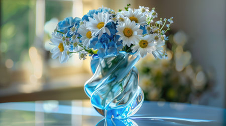 Sculptural glass vase with a unique design, holding a fresh bouquet of blue hydrangeas and white daisiesの素材