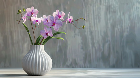 Stylish vase with a unique shape and texture, holding a fresh bouquet of purple orchids and green stemsの素材