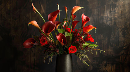 Sleek metal vase with a contemporary design, showcasing a vibrant arrangement of red calla lilies and mixed foliageの素材