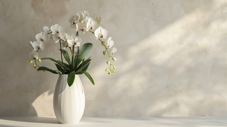 Sleek tall ceramic vase with a smooth surface, featuring a refined bouquet of white orchids and lush greeneryの素材