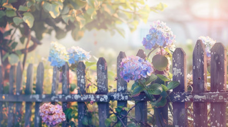 Pastel hydrangeas in a quaint garden with a rustic wooden fence, adding a touch of country charmの素材