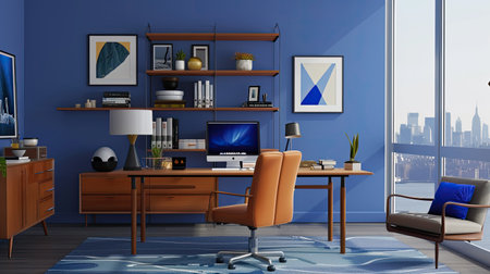 Stylish home office with a clean desk, ergonomic chair, and contemporary decor, creating an efficient and comfortable workspaceの素材