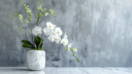 Trendy marble vase with a minimalist design, filled with a fresh mix of white orchids and delicate greeneryの素材