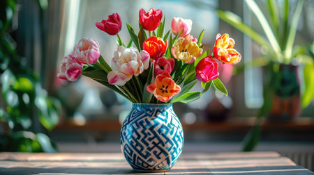 Stylish modern flower vase with geometric patterns, featuring a vibrant arrangement of mixed tulips and peoniesの素材