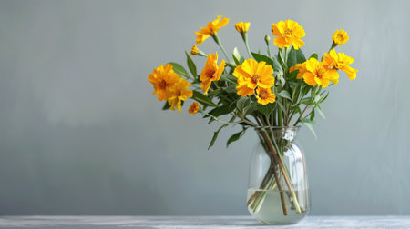 Sleek glass vase with a minimalist shape, filled with a stylish arrangement of bright yellow marigolds and green leavesの素材