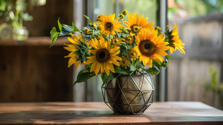 Trendy metal vase with a geometric design, featuring a stylish bouquet of yellow sunflowers and green foliageの素材