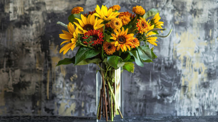 Stylish tall glass vase with a sleek silhouette, holding a dramatic bouquet of yellow sunflowers and vibrant foliageの素材
