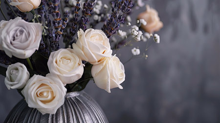 Stylish metal vase with a brushed finish, holding a sophisticated bouquet of lavender and soft white rosesの素材