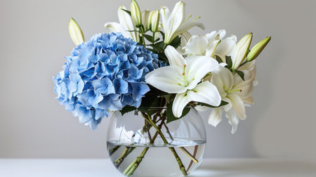 Stylish glass vase with a minimalist design, filled with a fresh mix of blue hydrangeas and white liliesの素材