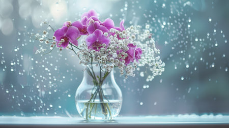 Trendy glass vase with an artistic design, filled with a fresh bouquet of purple orchids and white baby's breathの素材