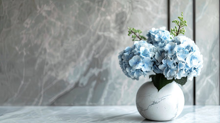 Stylish marble vase with a minimalist shape, holding a refined bouquet of blue hydrangeas and green stemsの素材