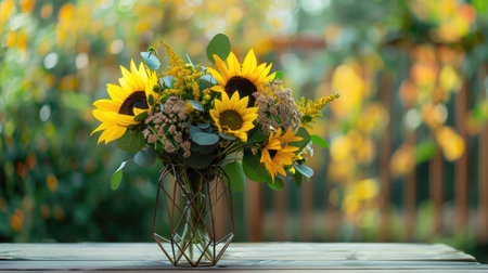 Trendy metal vase with a geometric design, featuring a stylish bouquet of yellow sunflowers and green foliageの素材