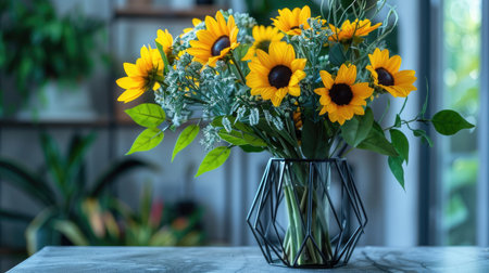 Trendy metal vase with a geometric design, featuring a stylish bouquet of yellow sunflowers and green foliageの素材