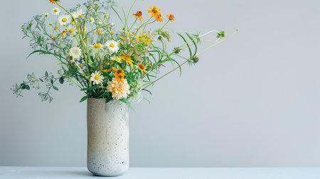 Stylish concrete vase with a modern design, filled with a fresh mix of wildflowers and green foliageの素材