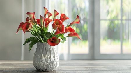 Stylish modern vase with a geometric pattern, featuring a vibrant bouquet of red calla lilies and green foliageの素材