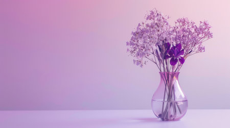 Trendy glass vase with a gradient tint, displaying a mix of purple irises and white baby's breath against a light backgroundの素材