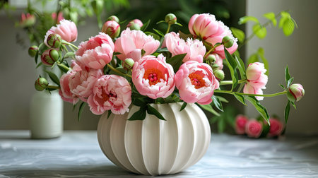Stylish vase with a unique shape, showcasing a lush arrangement of pink peonies and delicate greeneryの素材