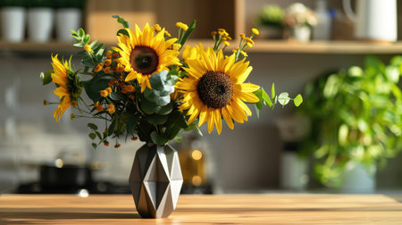 Trendy metal vase with a geometric design, featuring a stylish bouquet of yellow sunflowers and green foliageの素材