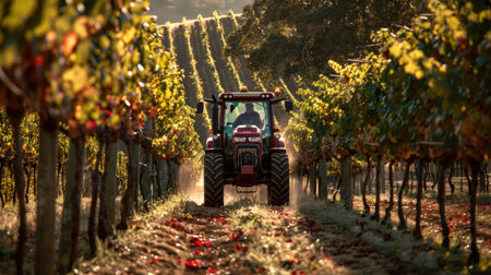 Tractor driving through a vineyard orchard during harvest seasonの素材