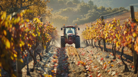 Tractor driving through a vineyard orchard during harvest seasonの素材