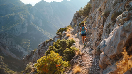 Trail runner navigating a steep mountain pathの素材