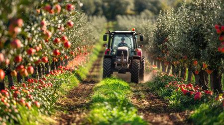 Tractor driving through an apple orchard during harvestの素材