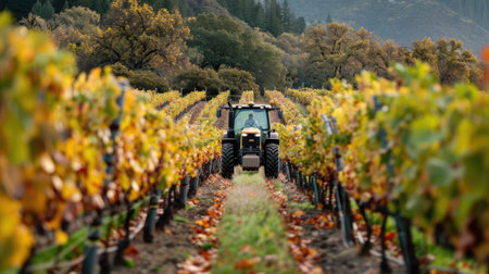 Tractor driving through a vineyard orchard during harvest seasonの素材