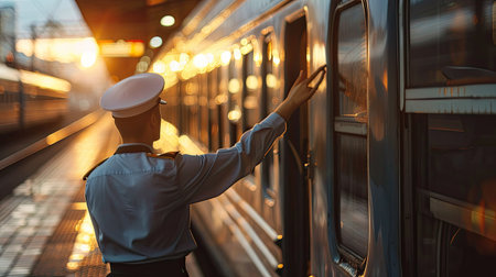 Train conductor signaling departure from the platformの素材