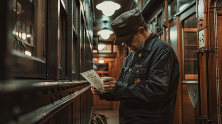 Train conductor checking tickets on a vintage rail carの素材