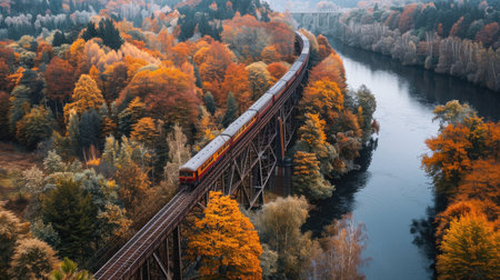 Train passing over a large river on a steel bridgeの素材