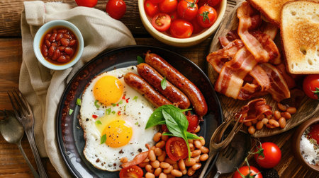 Traditional English breakfast with eggs, bacon, sausages, beans, toast, and tomatoesの素材