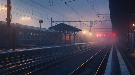 Train station at dawn with soft morning lightの素材