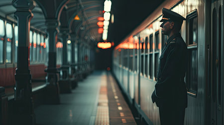 Train conductor standing on the platform, ready to boardの素材