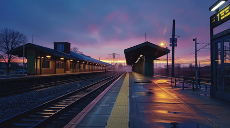 Train station at dawn with soft morning lightの素材