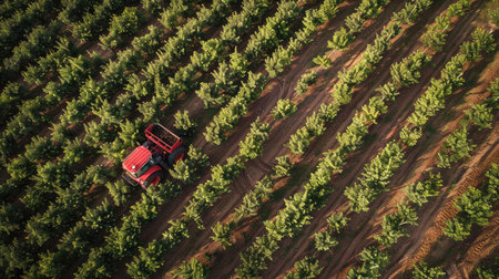 Tractor driving through an apple orchard during harvestの素材