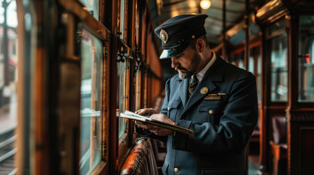 Train conductor checking tickets on a vintage rail carの素材