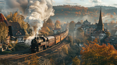 Train passing a small, charming town with a picturesque backdropの素材