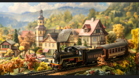 Train passing a small, charming town with a picturesque backdropの素材