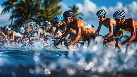 Triathletes transitioning from swimming to cycling during a raceの素材