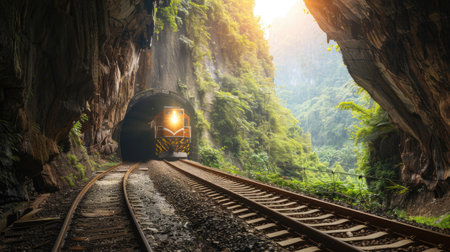 Train emerging from a tunnel in a mountainous regionの素材
