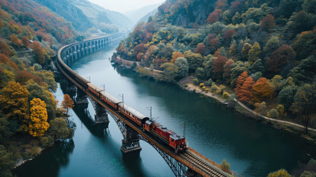 Train passing over a large river on a steel bridgeの素材