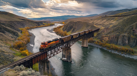 Train passing over a large river on a steel bridgeの素材