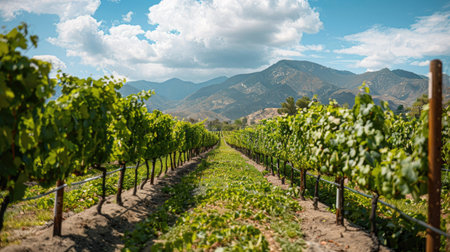Vineyard with rows of grapevines and mountains in the backgroundの素材