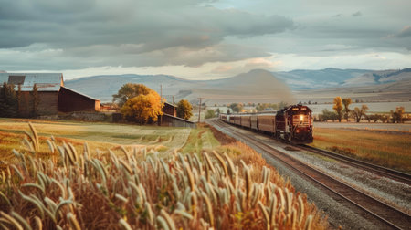 Train passing through a rural farming area with fields and barnsの素材