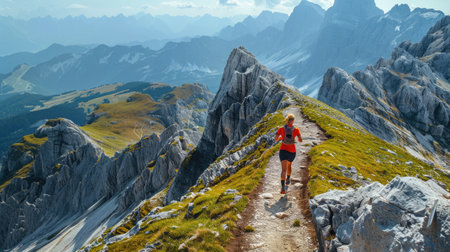 Trail runner navigating a steep mountain pathの素材