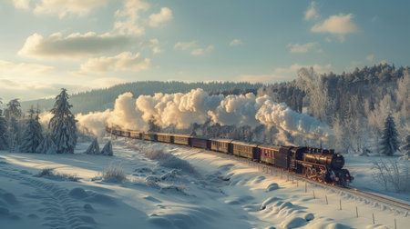 Train crossing a snowy landscape in winterの素材